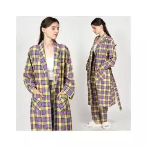 알콩단잠 여성가운 체크 순면 목욕가운 잠옷 기모 선염 면로브 수면가운 ~115cm롱기장 옐로 1109582