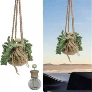 크로셰 걸이 식물 자동차 공기 청정기 - 귀여운 화분 리어 뷰 미러 참 12ml 빈 리필 가능한 디퓨저 병 향기