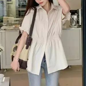 [의류] 데일리 파스텔 슬림핏 허리라인 밴딩 셔링 블라우스