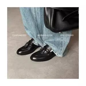 여성용 옥스퍼드화 리얼 가죽 머니투톤 소프트 라운드 통굽 단화 원 스틸레토 구두 CH1