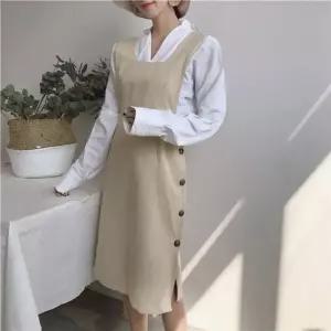 F12162 소녀 감성 옆단추 면 점프수트 원피스 점프슈트 멜빵원피스 점프수트