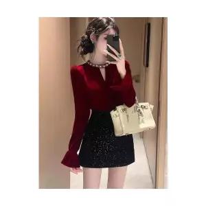 겨울 여자정장세트 귀티 천금 스러운 중요한 자리 고급스럽고 세련된 레드 벨벳 셔츠 원피스 세트 ible4