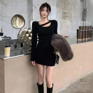 [라일리여성의류] Rly 여성 절개포인트 긴팔 블랙 미니원피스 클럽 파티