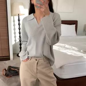 여성 일상용 봄 오픈카라 골지 긴팔 티셔츠 박스핏 울 니트