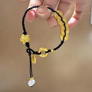 스타일 다섯 황제 동전 골드 복숭아 꽃 축복 플라크 평화 부적 여성 검은 땋은 핸드 로프 팔찌