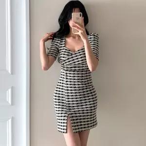 여자 글램룩 체크 버튼 셔링 앞트임 슬림 미니원피스