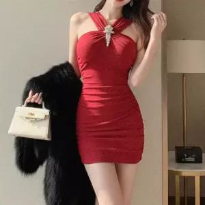 여자 쥬얼리 브로치 홀터 오프숄더 셔링 미니원피스