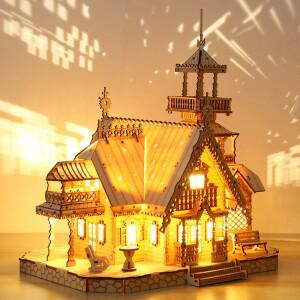 DIY 빌라 3D 나무 모델 키트 라이트 캐슬 퍼즐 조립 장난감 어린이 성인 모델 키트 크리스마스 장식 어린이