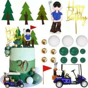 골프 케이크 토퍼 카트 클레이 피규어 장식과 스포츠 테마 생일 용품을 위한 그린 골드 볼 레드 플래그