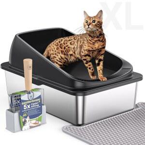 스쿱이 있는 PEDIBAT 스테인리스 스틸 고양이 쓰레기통, 금속  하이사이드, 인클로저, XL 초대형 하이사이드 쓰레기통(소변 누출 방지, 스쿱 포함)(블랙)