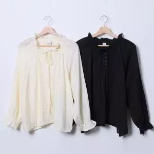 여성 프릴 리본 작은 단추 퍼프 시스루 빅 봄 블라우스