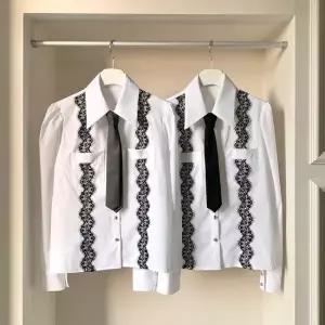 [다잇템] 여성 넥타이 화이트 카라 레이스 블라우스