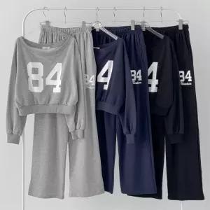 여성 오프숄더 크롭 맨투맨 봄 트레이닝 와이드 바지 세트