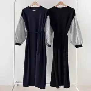 여성 스트라이프 퍼프 소매 배색 리본 롱드레스 빅사이즈