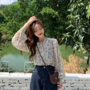 아트박스/신상오픈런 여성 루즈핏 긴팔 플라워 쉬폰 블라우스