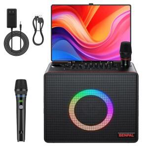 가사 디스플레이가 있는 스마트 노래방 기계, 내장형 14.0인치 터치스크린, 블루투스 파티 스피커 및 두 무선 마이크, 가정용 야외 파티용 휴대용 PA 시스템(대형)