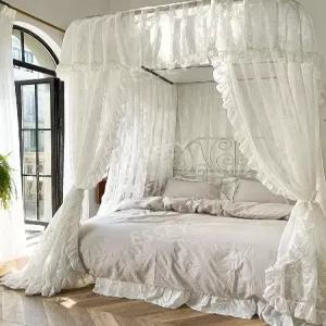 공주풍 레이스 쉬폰 화이트 프레임 모기장 침대 캐노피