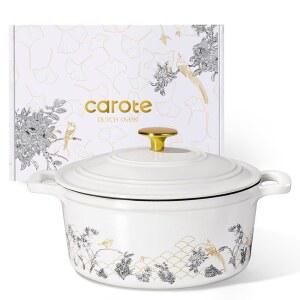 CAROTE 5QT 주철 더치 오븐 뚜껑 포함, 에나멜 플로럴 더치 오븐, 선물 상자 포함, 사워도우 빵 굽기용 주철 냄비, 브레이징, 스튜, 로스팅, 듀얼 핸들, 및 무독성, 모든 스토브탑 호환, 오븐 최대 화씨 500 , 흰색
