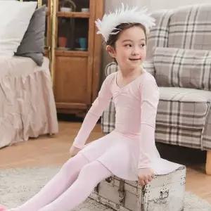 주니어 댄스복 긴소매 망사 스커트 일체형 무용 연습복 학원용 발레 레슨복 아동용