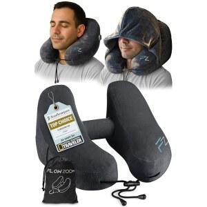 플로우 에어 인플레이터블 여행용 베개 5가지 수면 가 있는 H 디자인 비행용 빠른 인플레이션 및 조절 가능한 부드러움 탈착식 후드 세척 플러시 커버 u2013 사이즈 L 제트 블랙