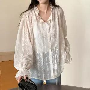 [하프클럽/]꽃 자수 펀칭 레이스 시스루 프릴 블라우스 이너 나시 세트 로맨