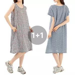 (1+1)아사면 원피스 잠옷 꽃무늬 홈웨어 시원한 홈드레스 나시 반팔