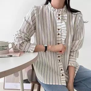 [하프클럽/]여자 프릴넥 투버튼 스트라이프 봄남방 면 박시 셔츠