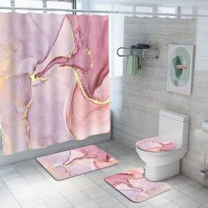 플래니얼 4Pc 럭셔리 대리석 샤워 커튼 세트, 커튼이 있는 욕실 화장실 뚜껑 러그, 윤곽 매트 및 목욕 매트, 세트 장식용 12개의 후크가