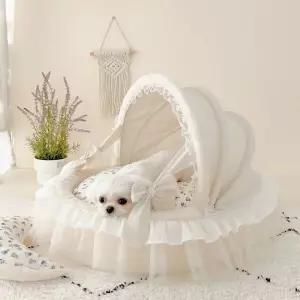 공주 화이트레이스 펫 베드 강아지 고양이 침대 레이스 이동식 하우스