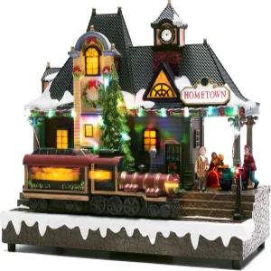 발레리 매들린 크리스마스 빌리지 하우스 장식 음악이 있는 배터리 작동 기차역 LED 조명 및 움직이는 기차