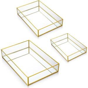 Jetec 3피스 미러 글라스 배니티 트레이 골드 화려한 메이크업 메탈 빈티지 팔각 향수 드레서 트레이, 침실 욕실 호텔용, 3가지 사이즈