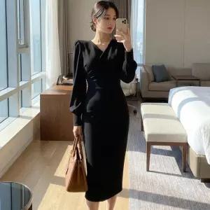 여자 슬림핏 랩 퍼프소매 하객 오피스룩 원피스