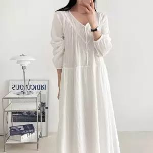 여자 봄 줄무늬 버튼 브이 퍼프 면 롱원피스