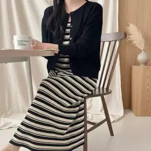 여성 단가라 유넥 민소매 니트 롱 가디건 세트