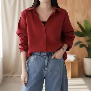 여성 레드 오버사이즈 코튼 셔츠