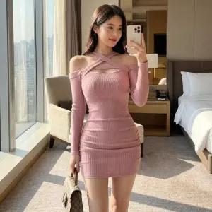 여자 바디콘 긴팔 오프숄더 골지 미니원피스