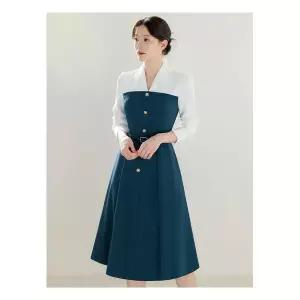 [시크라인](~XXL까지) 아수 브이넥 배색 레이어드 플레어 원피스 봄 가을 하객룩 오피스룩 모임룩 격식 201