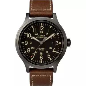 Timex 남성용 Expedition Scout 43mm 시계 블랙 다이얼 케이스 브라운 가죽 스트랩