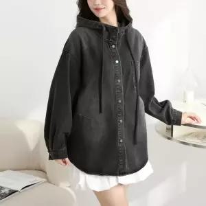 여자 후드 청남방 하이넥 봄옷 워싱 포켓 셔츠