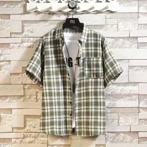 EAMT 남성 여름 반팔 체크 셔츠 빈티지 트렌드 빅사이즈 캐주얼 YJ1