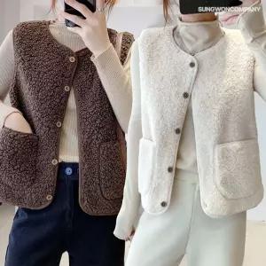 이너퀸 프리수 빅사이즈 여성용 포근 양털 플리스 조끼 브이넥 버튼 겨울 아우터 기모양털조끼