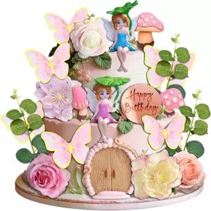요정 케이크 토퍼 나비 꽃 버섯 피규어 세트 생일 축하 명판