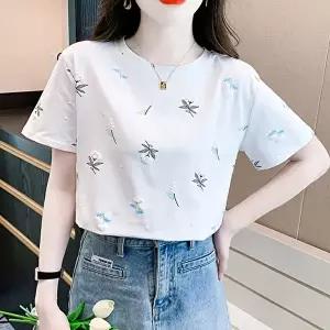 여자 플라워 패턴 라운드넥 부드러운 소재 반팔티 (KYR-WFHBB5N)