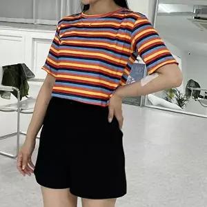 스트라이프 컬러 크롭 반팔 티셔츠 여름 데일리 (KYR-WFFT8F6)