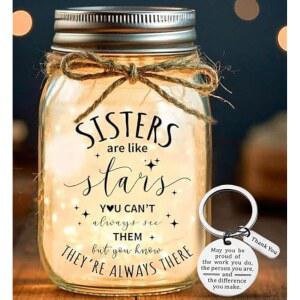 Wazzio 메이슨 자 자매를 위한 야간 조명 선물, 여성 자매 친구 BFF 절친 우정을 크리스마스 생일 따뜻한 키체인 세트가 있는 병 홈데코 밤용