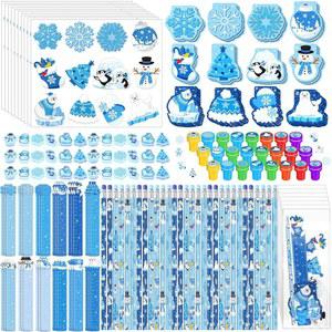 Faccito 336피스 겨울 파티 선물 눈송이 용품 원더랜드 문구 세트 노트북 스티커 스탬퍼 지우개 눈금자 연필 크리스마스 베이비샤워 생일 상품