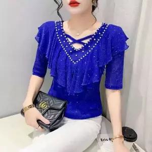 라인댄스상의 브이넥 러플 티셔츠 의상 차밍 스윙 스포츠