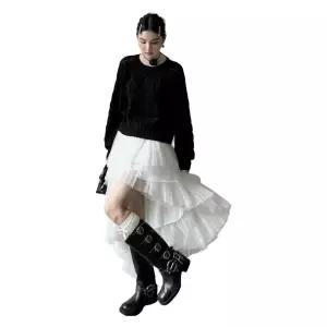 풍성한언발란스스커트 레이어드 벌룬 샤 쉬폰 망사 캉캉 미니스커트 허리밴딩 반바지 흰색