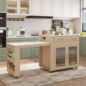 확장 가능한 식탁이 있는 72인치 키친 아일랜드, 전원 콘센트가 마블 그레인 탑 스토리지 수납 캐비닛이 바퀴 달린 롤링 카트, 서랍 2개, 주방용 프리 테이블