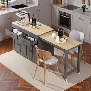 트라이골 74.5인치 주방 아일랜드, 확장 가능한 식탁, 서랍 2개가 있는 롤링 키친 카트, 도어 캐비닛 4개, 스파이스 랙, 다이닝 룸용 바퀴가 달린 측면 테이블탑이 이동식 수납 캐비닛, 그레이